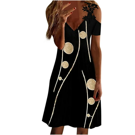 USSUMA Dress for Women Wedding Guest, Women's Summer Lace Cold Shoulder Dress Elegant Short Sleeve V Neck Sundress Loose Floral Print Knee-Length Beach Dress