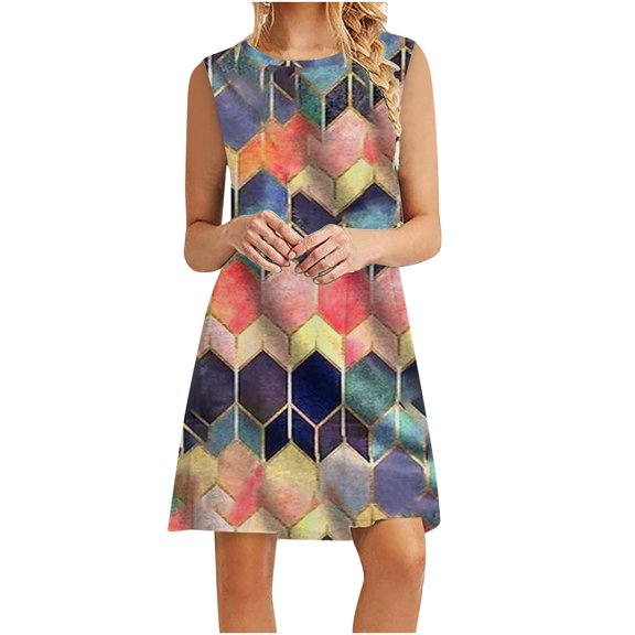 USSUMA Dress Women's Wedding Guest Loose Swing Flowy T Shirt Midi Sundresses for Women Casual Beach Diamond Shape Print Crewneck Sleeveless Summer Sun Dresses Graduation