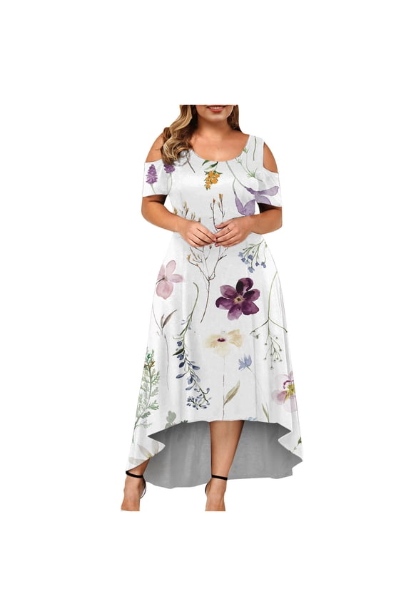 USSUMA Dress for Women Wedding Guest, Plus Size Long Maxi Dress for Women Summer Floral Print Loose Cold Shoulder Elegant Party Evening Sundresses