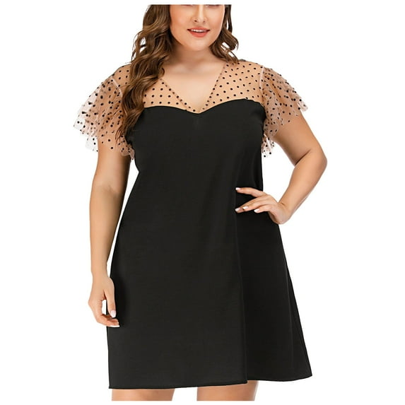 USSUMA Dresses For Women Party Casual,Plus Size Womens Summer Mini Dresses Casual Polka Dot Mesh Flare T Shirt Dresses Short Sleeve Swing Tunic Dress