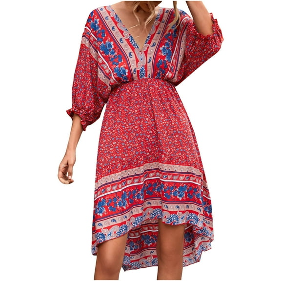 USSUMA Dresses For Women Party Casual,Women Bohemian Summer Dresses V Neck 3/4 Long Sleeve Ruffle Floral Flowy Boho Babydoll Mini Short Beach Dress
