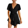 thumbnail image 1 of USSUMA Dresses For Women Party Casual,Women's Summer Dress Deep V-Neck Short Sleeve Waist Tie Ruffle Mini Swing Skater Dresses, 1 of 8