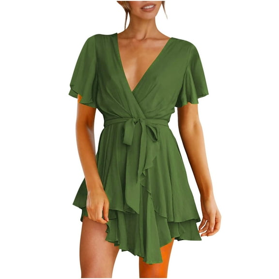 USSUMA Dresses For Women Party Casual,Women's Summer Dress Deep V-Neck Short Sleeve Waist Tie Ruffle Mini Swing Skater Dresses