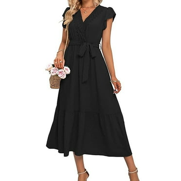 USSUMA Dresses for Women 2024 Elegant Lace Trim Tie Waist Flowy Ruffle Swing Chiffon A Line Dresses Solid Short Sleeve V-Neck Summer Maxi Formal Dress Partner offers Black S