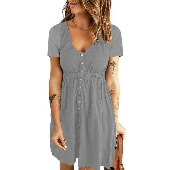 USSUMA Dresses for Women 2025 Casual Spring Summer Dress Short Sleeve Crew Neck Casual Solid Color Button Maxi Dress Leisure Dress Comfortable Dress Bachelor Party My Order Gray Dress Size-XXL