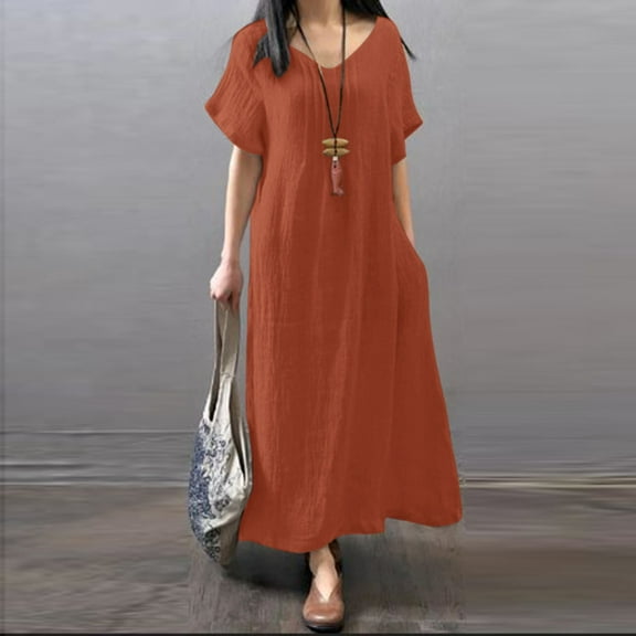 USSUMA Dresses for Women 2025 Casual Spring Summer Dress Short Sleeve V Neck Casual Solid Color Maxi Dress Casual Skirt Loose Dresses Business Up to 50% off Orange Dress Size-XXL