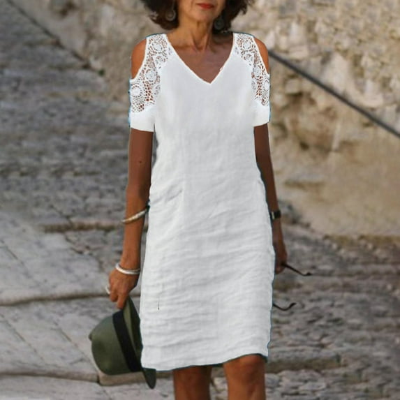 USSUMA Dresses for Women 2025 Casual Spring Summer Dress Short Sleeve V Neck Casual Solid Color Lace Linen Patchwork off Shoulder Neck Casual Maxi Dress Lounging Skirts Skirt White Dress Size-S