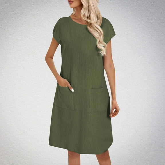 USSUMA Dresses for Women 2025 Casual Spring Summer Dresses Short Sleeve Crew Neck Casual Solid Color Raglan Dress with Pocket Linen Maxi Dress Casual Dress Travel Army Green Dress Size-M