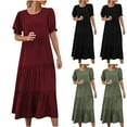 thumbnail image 1 of USSUMA Dresses for Women 2025 Casual Spring Summer Dresses Short Sleeve Solid Color Ruffle Puff Sleeves Printed Floral Beach Maxi Dress Trendy Dress Loose Dresses Birthday Army Green Dress Size-L, 1 of 5