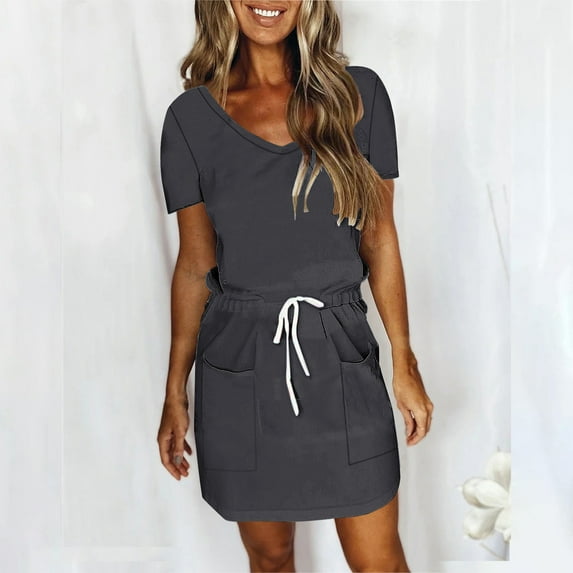 USSUMA Dresses for Women 2025 Casual Spring Summer Dresses Short Sleeve V Neck Casual Solid Color Dress with Pocket Tie Mid-Calf Dress Casual Dresses Comfortable Dresses Party Gray Dress Size-XXL