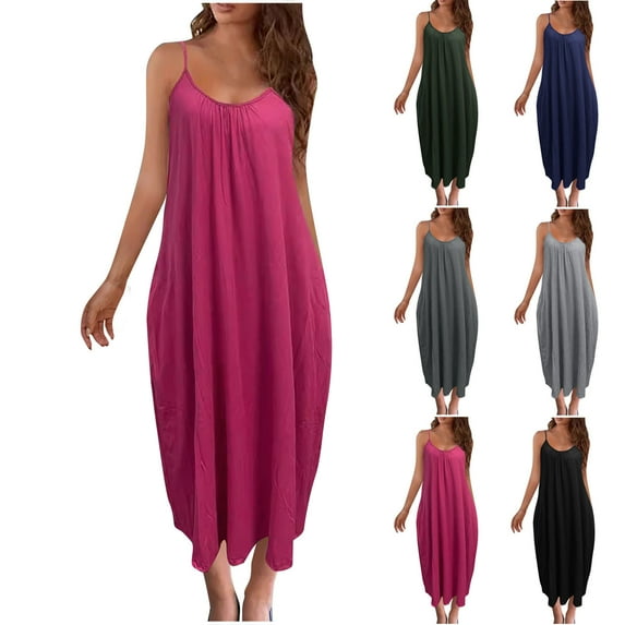 USSUMA Dresses for Women 2025 Casual Spring Summer Dresses Sleeveless Crew Neck Casual Solid Color Camisole Slim Loose Fit Maxi Dress Trendy Dress Es Business Army Green Dress Size-L
