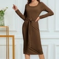thumbnail image 1 of USSUMA Dresses for Women 2025 Casual Spring Summer Dresses Long Sleeve Square Neck Casual Solid Color Split Tie Maxi Dress Casual Skirts Loose Skirts Climbing Festival Gift Brown Dress Size-S, 1 of 2