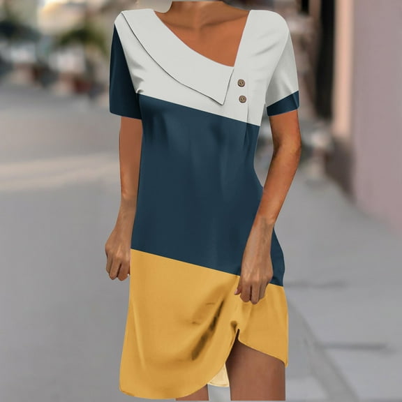 USSUMA Dresses for Women 2025 Casual Spring Summer Dresses Short Sleeve Crew Neck Casual Printed Mid-Calf Dress Elegant Skirts Fashion Skirt Party Summer Saving Yellow Dress Size-XXL