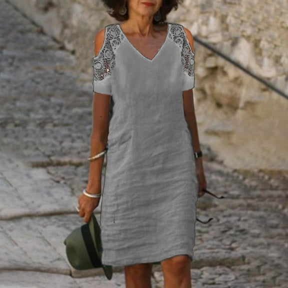 USSUMA Dresses for Women 2025 Casual Spring Summer Dresses Short Sleeve V Neck Casual Solid Color Lace Linen Patchwork off Shoulder Neck Casual Maxi Dress Casual Skirts Daily Wear Gray Dress Size-S