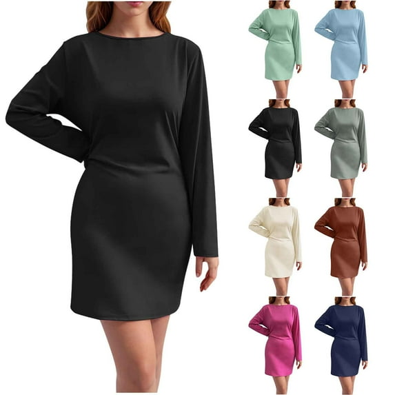 USSUMA Dresses for Women 2025 Casual Spring Women'S Casual Dresses Long Sleeve Crew Neck Casual Solid Color Slim Mid-Calf Dress Leisure Skirts Loose Dress Work Holiday Saving Beige Dress Size-L