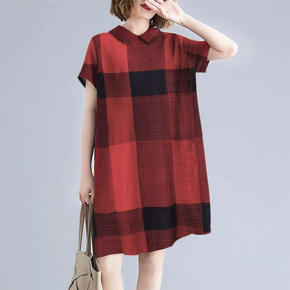 USSUMA Dresses for Women 2025 Casual Spring Women'S Casual Dresses Short Sleeve Lapel Collar Loose Fit Maxi Dress Trendy Skirts Fashion Dress School Up to 50% off Red Dress Size-L