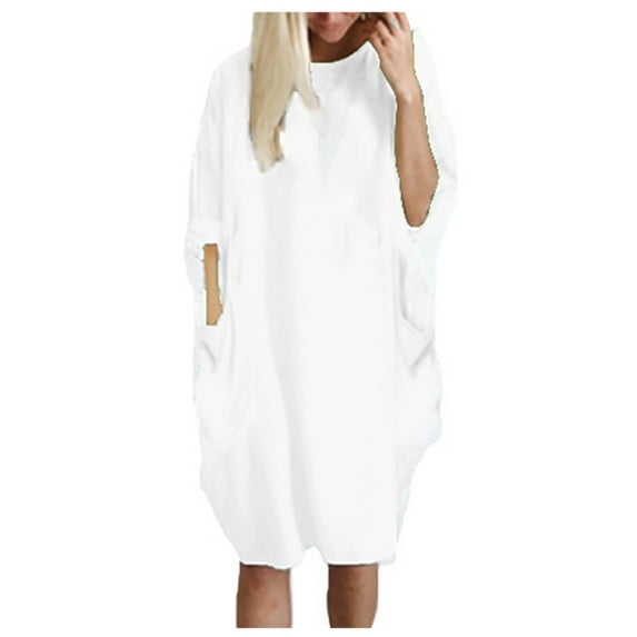 USSUMA Dresses for Women 2025 Casual Spring Womens Dresses Long Sleeve Plus Size Dress Solid Color Printed Dress with Pocket Loose Fit Maxi Dress Elegant Dresses Gym White Dress Size-XXL