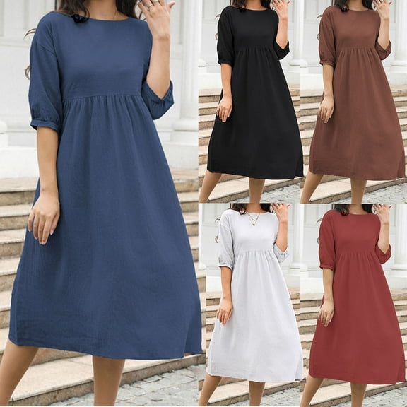 USSUMA Dresses for Women 2025 Casual Spring Womens Dresses Mid-Sleeve Crew Neck Casual Solid Color Dress with Pocket Linen Maxi Dress Casual Skirt Breathable Dress Business Black Dress Size-L