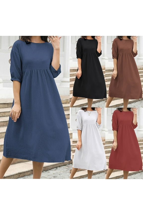Dresses for Women 2025 Casual Spring Womens Dresses Mid-Sleeve Crew Neck Casual Solid Color Dress with Pocket Linen Maxi Dress Casual Skirt Breathable Dress Business Black Dress Size-L