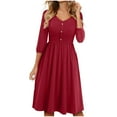thumbnail image 1 of USSUMA Dresses for Women 2025 Casual Spring Womens Dresses Mid-Sleeve V Neck Casual Solid Color Button Dress with Pocket Beach Maxi Dress Trendy Dresses Fashion Dresses Date Red Dress Size-S, 1 of 6