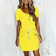 thumbnail image 1 of USSUMA Dresses for Women 2025 Casual Spring Womens Dresses Short Sleeve V Neck Casual Solid Color Dress with Pocket Tie Mid-Calf Dress Leisure Dresses Travel Yellow Dress Size-S, 1 of 4