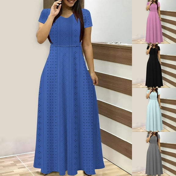 USSUMA Dresses for Women 2025 Casual Spring Womens Dresses Short Sleeve V Neck Casual Solid Color Maxi Dress Lounging Skirts Breathable Skirts Street Festive Fashion Black Dress Size-L