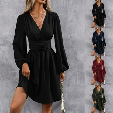 USSUMA Dresses for Women 2025 Elegant Classy Long Sleeve V-Neck Solid Dress Tunic Empire Waist Flower Girl Dresses Loose Fit Mid-Length Evening Party A-Line Dress
