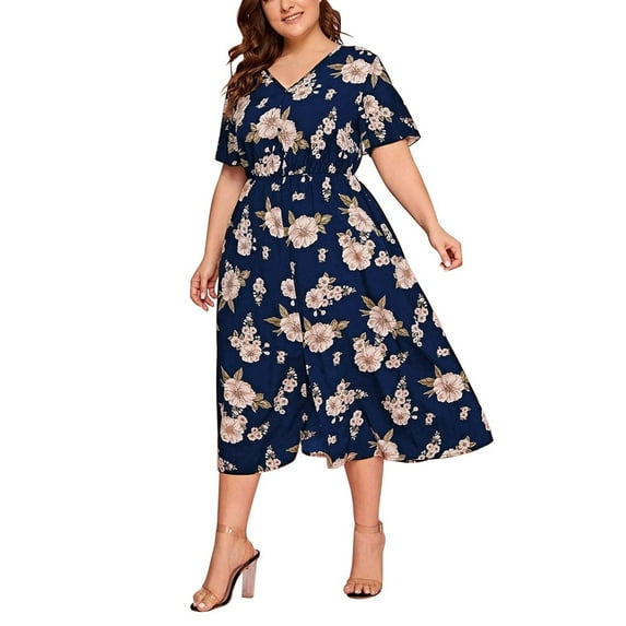 USSUMA Beach Dresses for Women Casual Summer, Plus Size Maxi Beach Vacation for Womens Empire Waist Floral Print Bohemian Dresses Short Sleeve Causal Long Swing Dress