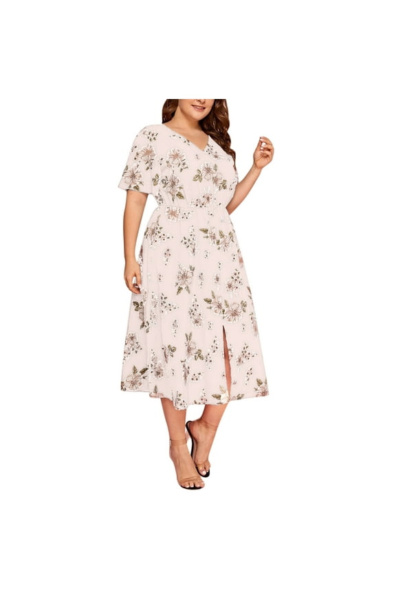 Beach Dresses for Women Casual Summer, Plus Size Maxi Beach Vacation for Womens Empire Waist Floral Print Bohemian Dresses Short Sleeve Causal Long Swing Dress