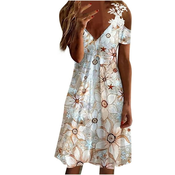 USSUMA Dresses For Women Party Casual,Women's Casual Summer Dress Floral Printed Short Sleeve V-Neck Lace Cold Shoulder Mini Dresses Loose Shirt Sundress