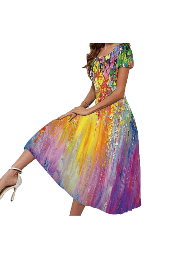 USSUMA Dresses For Women Party Casual,Women's A Line Swing Midi Dresses Floral Printed Short Sleeve Scoop Neck Elegant Dress Evening Party Sun Dresses