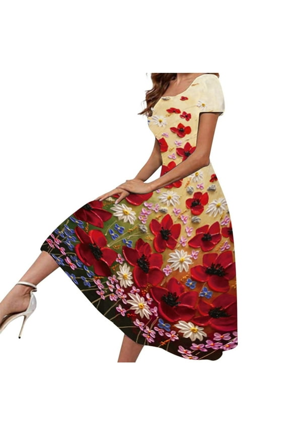 USSUMA Dresses For Women Party Casual,Women's A Line Swing Midi Dresses Floral Printed Short Sleeve Scoop Neck Elegant Dress Evening Party Sun Dresses