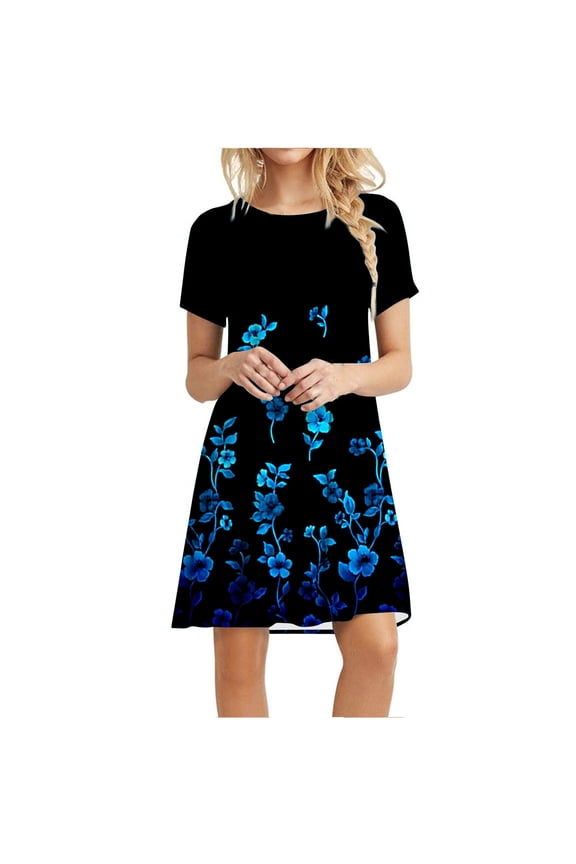 Dresses for Women Party Casual,Women's Short-Sleeve Scoop Neck Swing Dress Casual Floral Printed Simple T-Shirt Dresses 2022 Summer Tunic Sun Dress