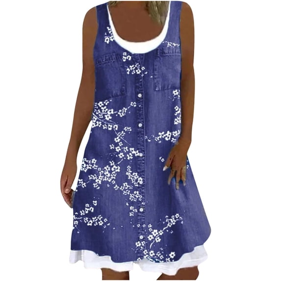 USSUMA Dresses For Women Party Casual,Womens Plum Print Dresses Sleeveless Tank Dress Loose Fake Two Piece Vintage Flower Boho Flowy Beach Tshirt Dress