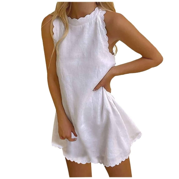 USSUMA Dresses for Women Party Casual Women's Summer Sleeveless T Shirt Dress Solid Color Petal Round Neck Beach Tank Dresses Short Mini Sundress