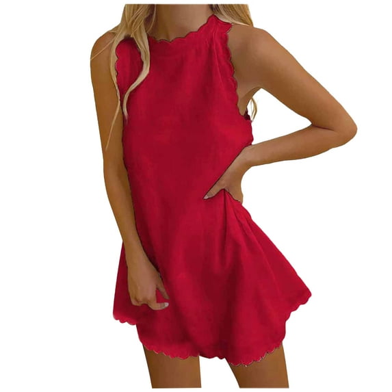 USSUMA Dresses for Women Party Casual Women's Summer Sleeveless T Shirt Dress Solid Color Petal Round Neck Beach Tank Dresses Short Mini Sundress