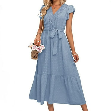 USSUMA Dresses for Women 2024 Elegant Lace Trim Tie Waist Flowy Ruffle Swing Chiffon A Line Dresses Solid Short Sleeve V-Neck Summer Maxi Formal Dress Savings Sky Blue S