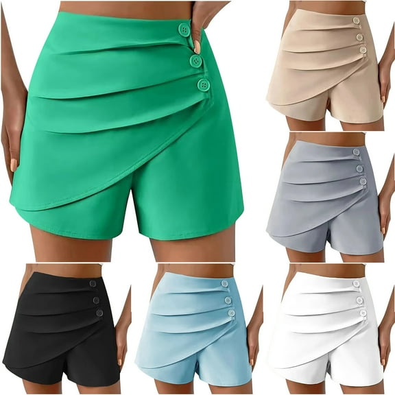 USSUMA Festival Gift Linen Shorts for Women Solid Color Bike Pull-on Mid Waist Split with Button Pleated Slim Soft Shorts Tailored Fit Shorts for Women for Work Beige L