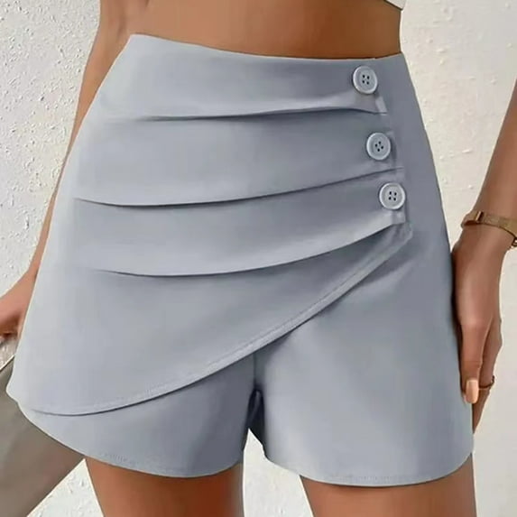 USSUMA Festival Gift Shorts for Women Trendy Solid Color Bike Pull-on Mid Waist Split with Button Pleated Slim Delightful Shorts Semi Fit Summer Shorts for Party Gray M