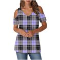 thumbnail image 1 of USSUMA Festive Fashion Womens Tops Short Sleeve V Neck Plaid Checkered Loose Tunic Pullover Shirt Tops Off Shoulder T-Shirt Loose Flowy Modern Fit Womens Clothes for Street Purple S, 1 of 7
