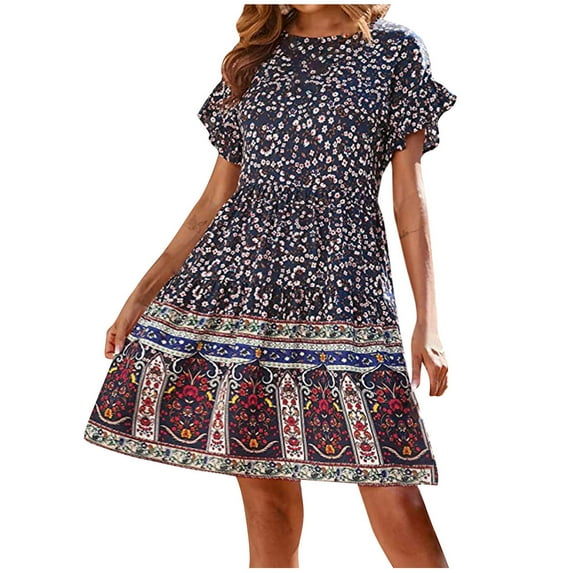 USSUMA Floral Print High Waist Mini Beach Dresses for Women Casual Summer Crewneck Short Sleeve Womens Sun Dresses Vacation Boho Cute Flowy Swing Sundresses Wedding Guest for Women