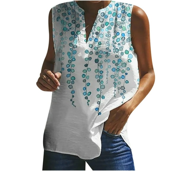 USSUMA Floral Print T-Shirts for Women Trendy Curved Flowy Tanks Women's Shirts and Blouses Sleeveless Women Tops Dressy Casual Summer V Neck Plus Tunics Beach