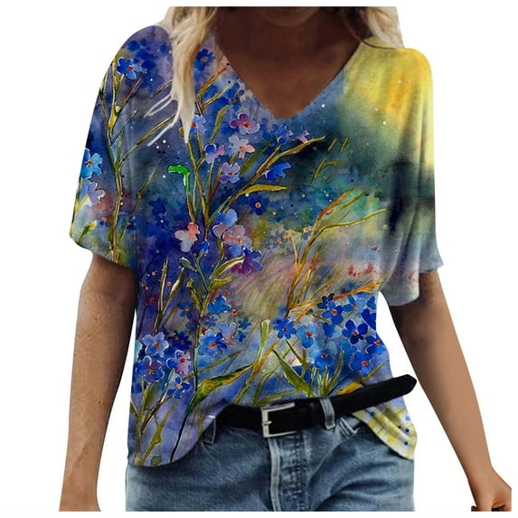 USSUMA Floral Print Tops for Women Vintage Summer Casual Tops Short Sleeve V Neck Loose Tees Boho Tunic Blouse T Shirt Tops