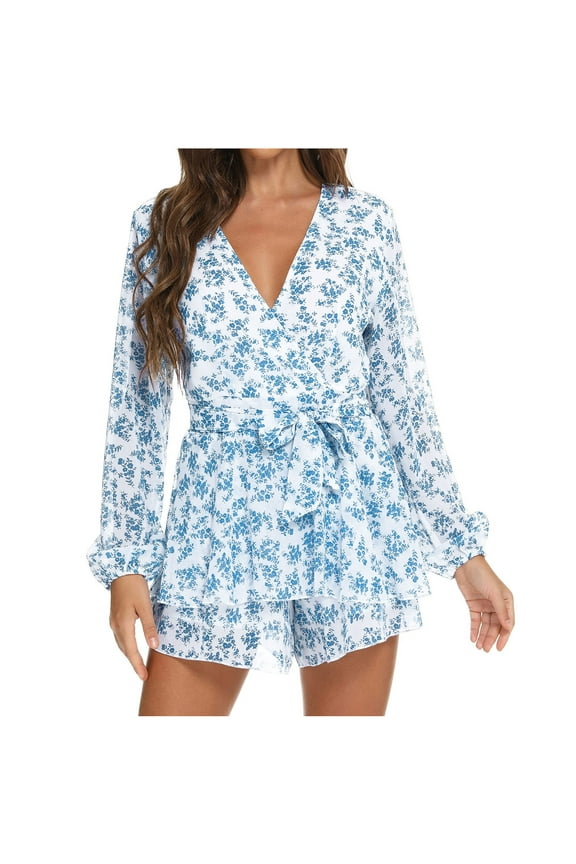 USSUMA Floral Print Women's Dresses Short Mini Sundresses for Women Casual Summer Long Sleeve Ruffle Belted Bohemian Sun Dress Beach Vacation V-Neck Graduation Dress