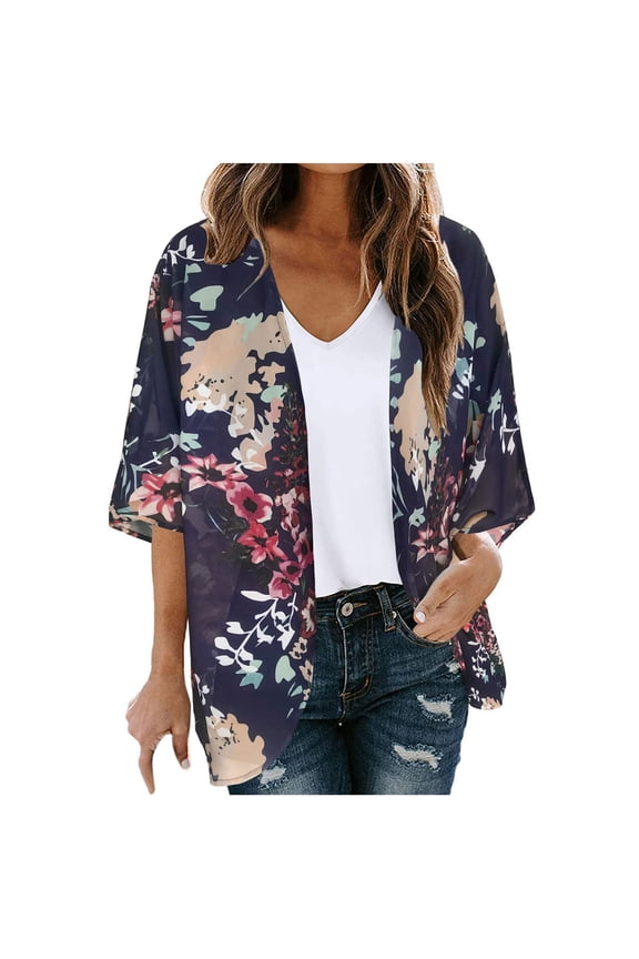 USSUMA Floral Print Womens Blouses and Tops Dressy Short Sleeve Plus Female Tops Casual Chiffon Cardigan Jacket T-Shirts Shirt for Women Trendy Open Front Tunic Plus Size