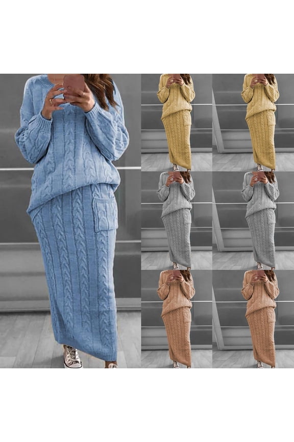 Flower-Pin Sweater And Midi Skirt Set Cable Knit Long Sleeve Round Neck Two-Piece Cozy Matching Outfit For Office Casual Seasonal Layering And Weekend Wear