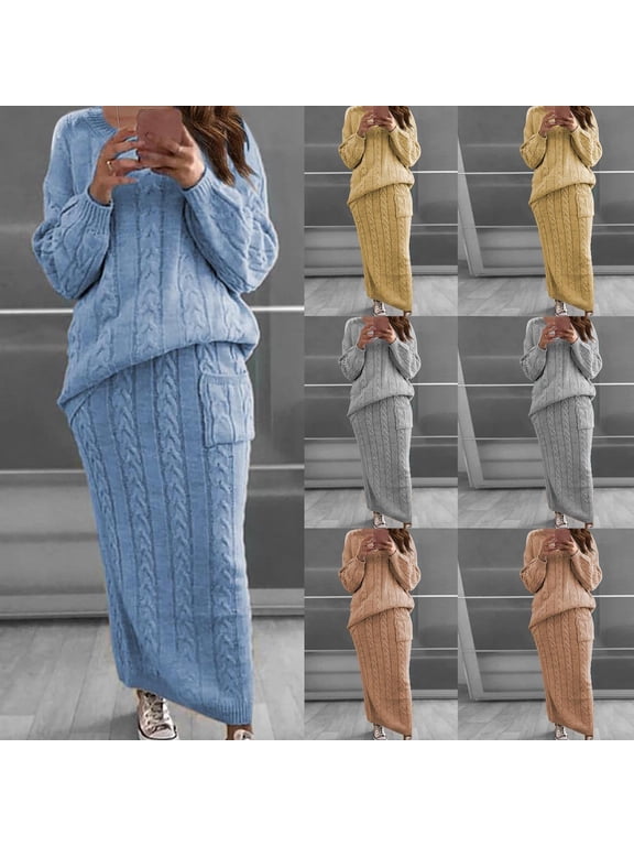 Flower-Pin Sweater And Midi Skirt Set Cable Knit Long Sleeve Round Neck Two-Piece Cozy Matching Outfit For Office Casual Seasonal Layering And Weekend Wear