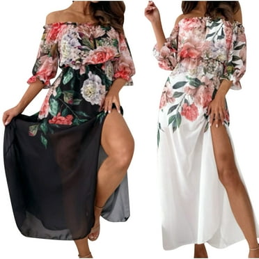 USSUMA Formal Dresses for Women Party Prom Sexy off Shoulder Elastic Waist High Slit Swing Maxi Dresses Elbow-Length One Line Neck Flowers Print 2024 Summer Long Dress Black L