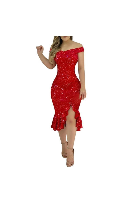 USSUMA Formal Dresses For Women, Short Sleeves Sundresses for Women Casual Summer A-Line Wrap Dress Marble Sequin Design 2022 Boho Round Neck Off Shoulder Club Gown Dresses