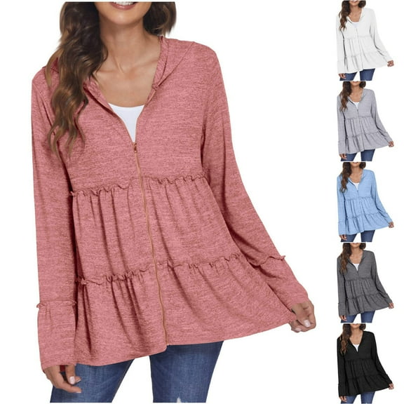 USSUMA Full Zip Up Hoodie for Women Pleated Tiered Ruffle Hooded Sweatshirts Jacket Coat Long Sleeve Holiday Saving